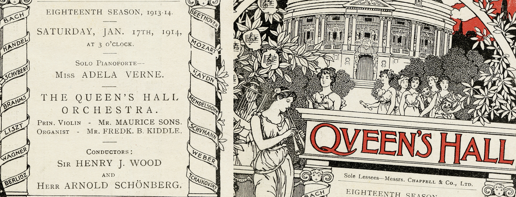 Program (snippets) for the performance of the Five Orchestra Pieces, op. 16, at the Queen's Hall, London, January 17, 1914 (Arnold Schönberg Center, Wien)