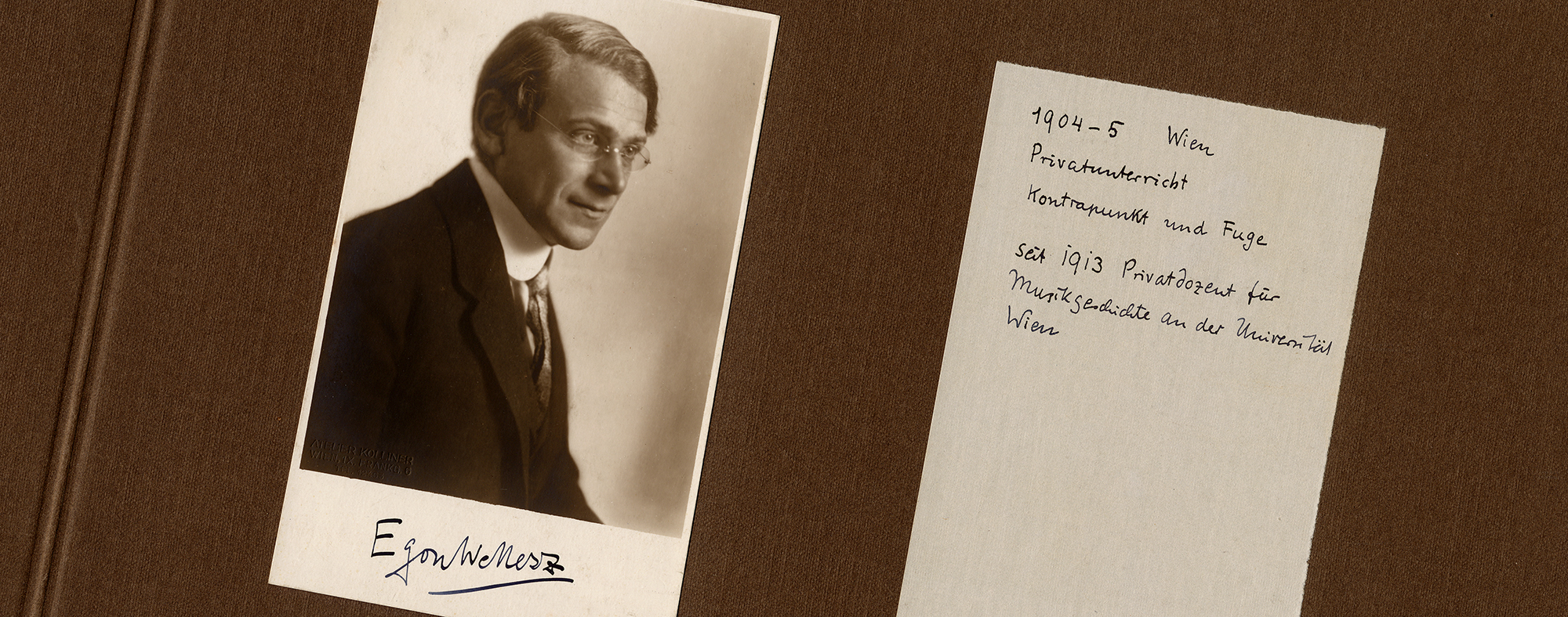 Egon Wellesz in the (birthday) photo album “Dem Lehrer Arnold Schönberg,” September 13, 1924 (Arnold Schoenberg Center, Vienna)