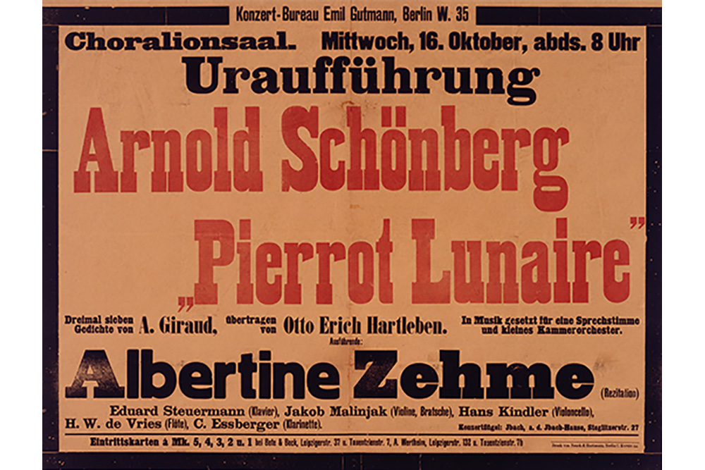 Arnold Schönberg: Pierrot lunaire op. 21, Plakat der Uraufführung 16. Oktober 1912 | Arnold Schönberg Center, Wien